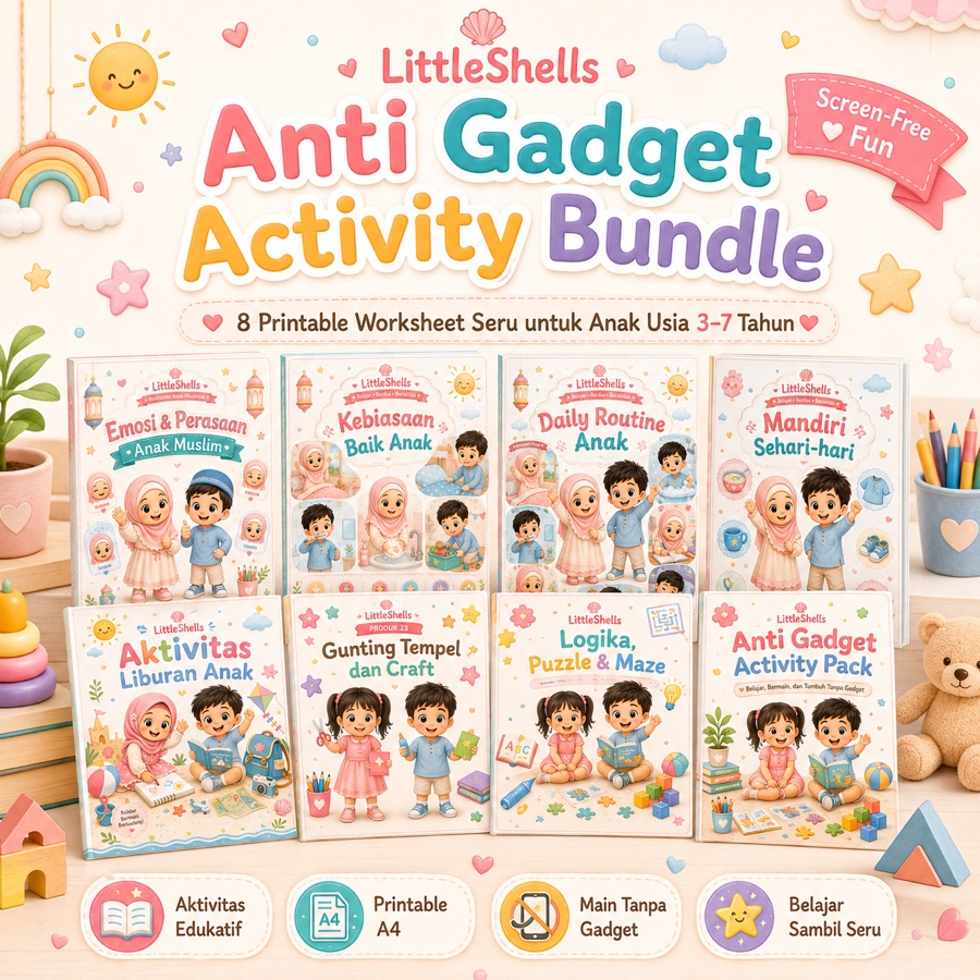Isi lengkap delapan buku dalam LittleShells Anti Gadget Activity Bundle