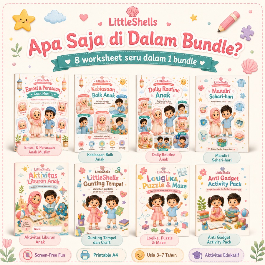 Rincian delapan worksheet printable dalam Anti Gadget Activity Bundle