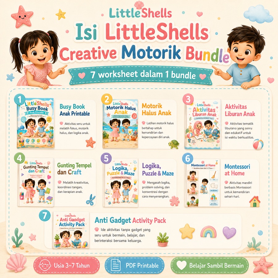 Rincian tujuh worksheet printable dalam Creative Motorik Bundle