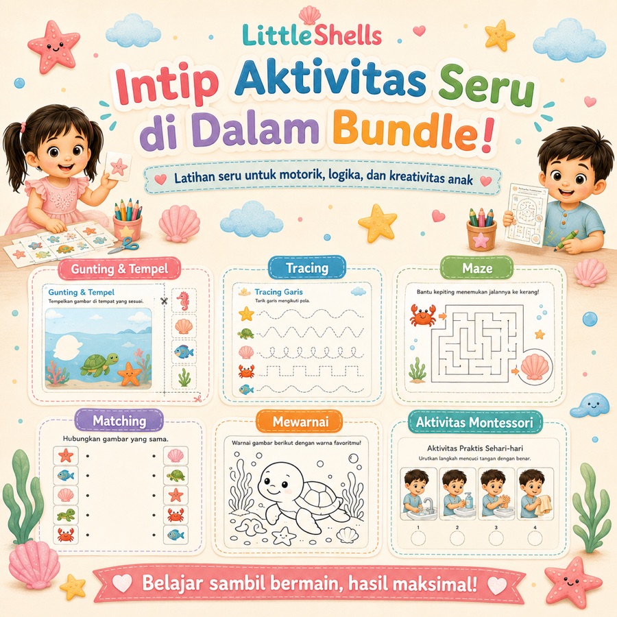 Contoh aktivitas gunting tempel, tracing, maze, matching, mewarnai, dan Montessori