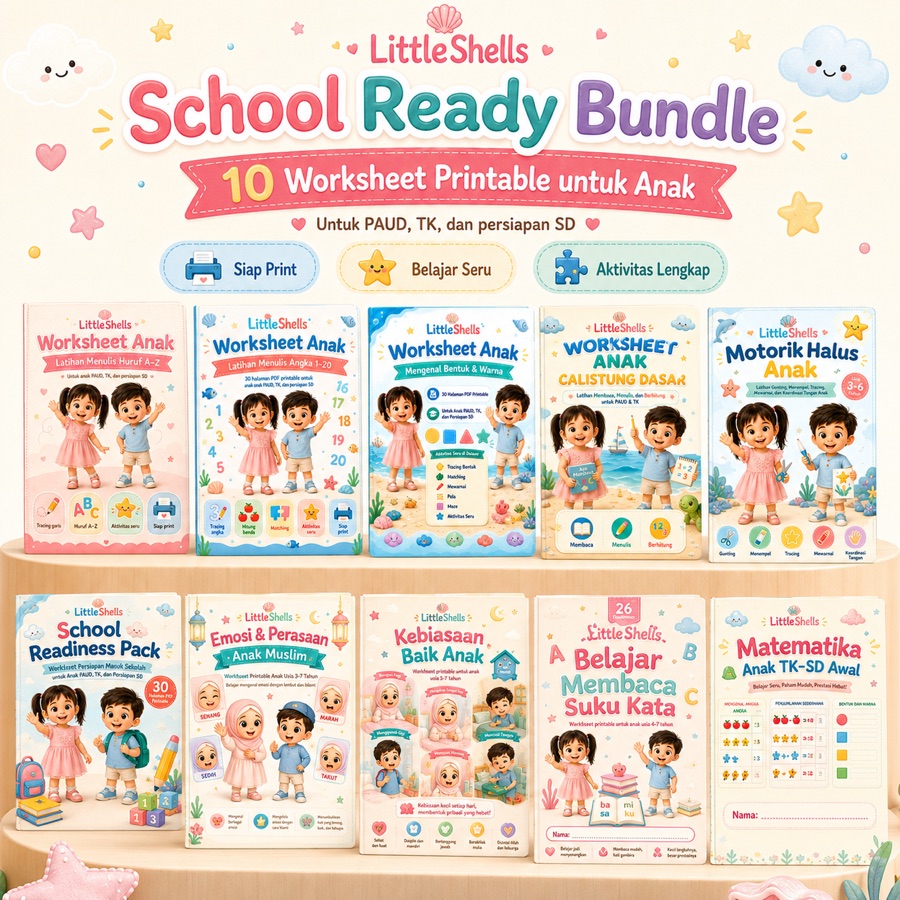 Isi lengkap sepuluh buku dalam LittleShells School Ready Bundle