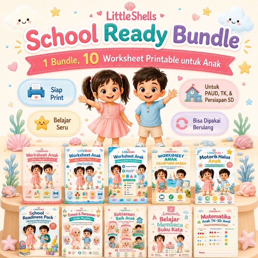 Sepuluh worksheet printable School Ready untuk PAUD, TK, dan persiapan SD
